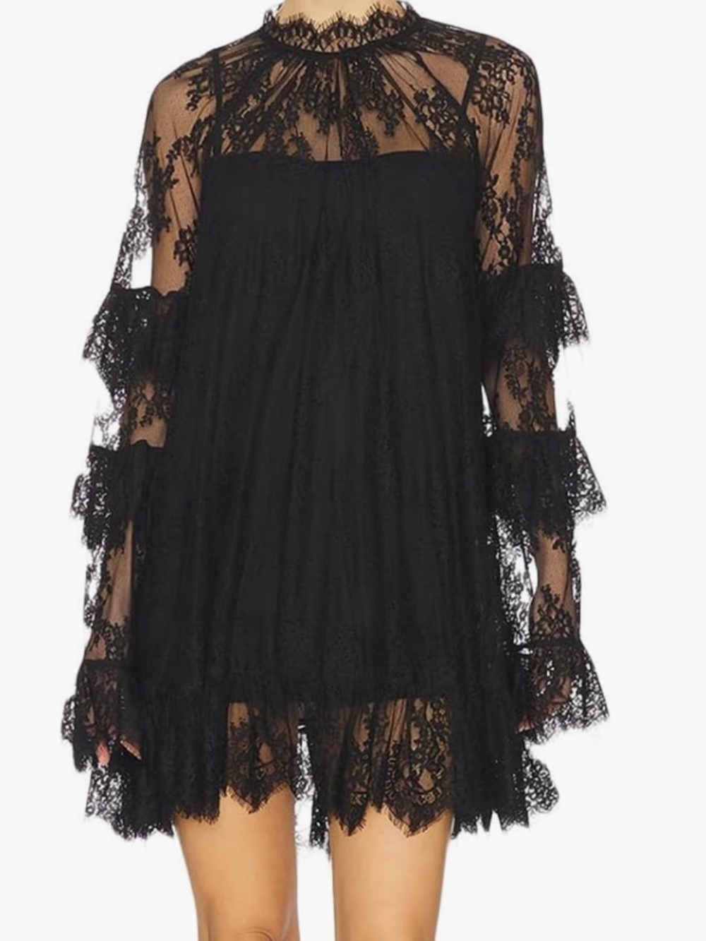 Elegant black lace mini dress with sheer tiered sleeves. High neckline and delic